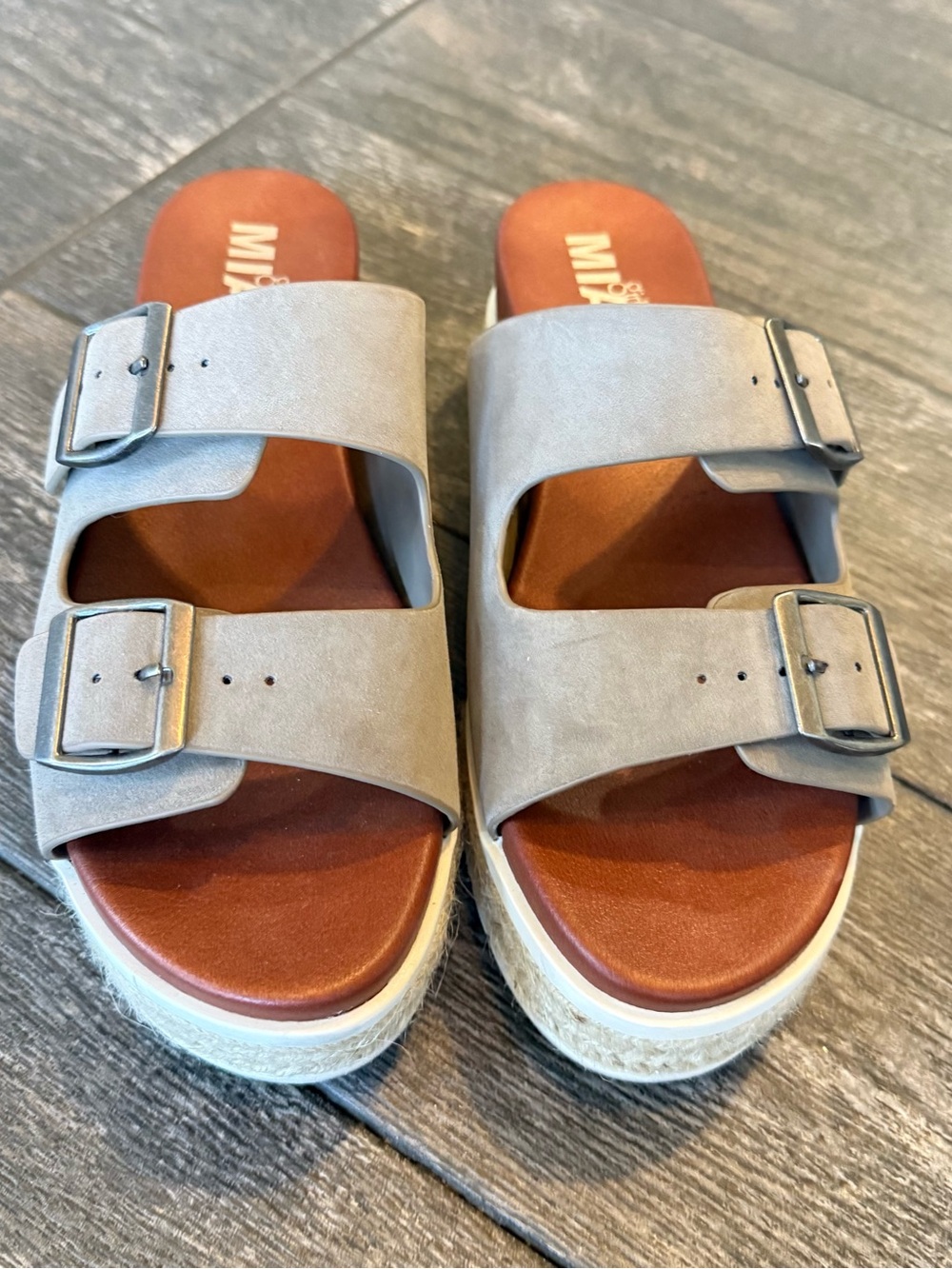MIA Light Gray Suede Double Buckle Slide Sandals